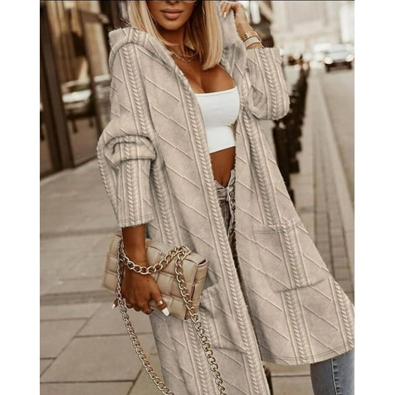 Women'S 2025 Fall Winter New Hooded Mid-Length Cable Knit Texture Trench Coat Fashion Outerwear Cardigan Sweaters For Women