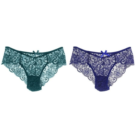 Lojoutye 2 Pack(Dark Blue 1PCS & Green 1PCS) Underwear Women Briefs Multipack Women Panties Lace Sheer Panties Cutout Hollow Waist Panties