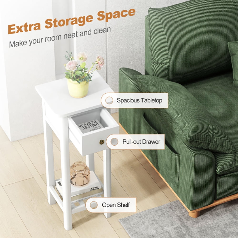 Finihen End Table, Nightstand, 2 Tier Slim Nightstand Bedside Table with Drawer Shelf, Sofa Side Table, Bed Side Table, for Living Room, Bedroom, White Finihen End Table, Nightstand, 2 Tier Slim Nightstand Bedside Table with Drawer Shelf, Sofa Side Table, Bed Side Table, for Living Room, Bedroom, White