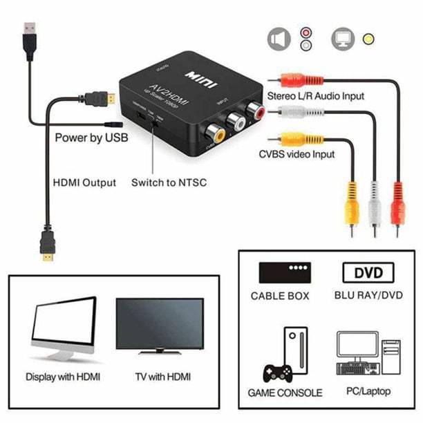 Convertisseur RCA vers HDMI, adaptateur AV masculin vers HDMI,  convertisseur composite vers HDMI avec prise en charge des câbles HDMI  PALNTSC pour