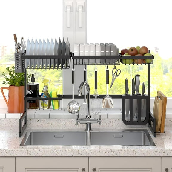 Over Sink Dish Drying Rack, 2 Tier Dish Drying Rack for 35.8'', Versatile Dish Drainer Rack, Utensils Holder Kitchen Counter Organizer, Countertop Space Saver, Stainless Steel