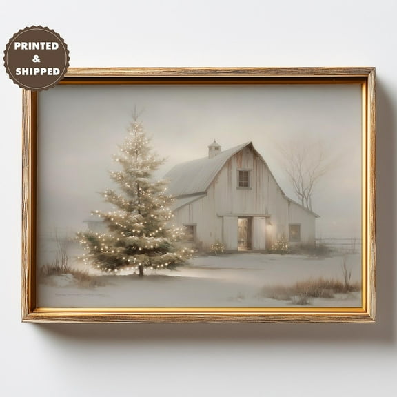 Rustic Winter Barn Poster, Wall Art, Snowy Landscape With Tree Lights UNFRAMED Poster, Wall Art for Decor, Present, 8x12