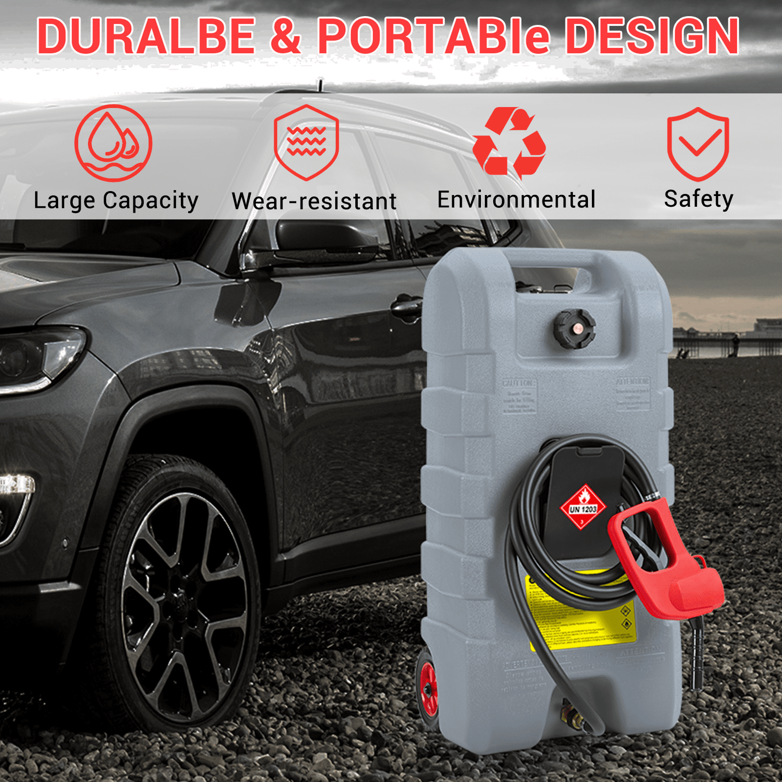 JoanKaren Industrial Portable Fuel Tank 15 Gallon Container Caddy Tank with 10-Foot Hose,Wheeled Utility Transfer Tank,Grey
