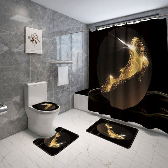 4 Pcs Bathroom Shower Curtain Set Shower Curtain Bathroom Sets with Rugs (Bath Mat,U Shape and Toilet Lid Cover Mat) and 12 Hooks Machine Washable