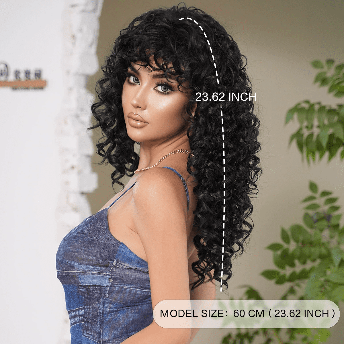 PEAKIN Fashion Women's Black Long Wig 24 inch Kinky Curly Deep Wave Hair with Bangs Wigs