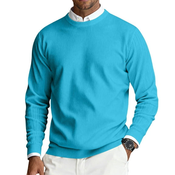 CCRFTGI Sweater for Men 2025 Fall Casual Ribbed Solid Color Sweater Lightweight Long Sleeve Crewneck Sweater Pullover Knit Pullover Top Cyan L