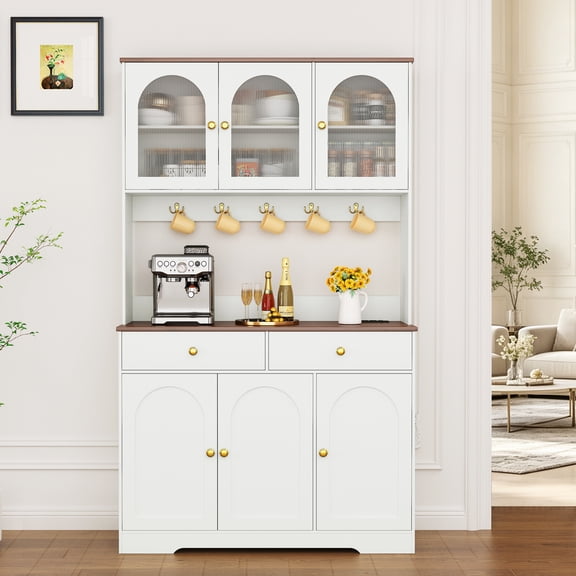 Pingliang Home Kitchen Pantry Cabinet,Coffee Bar Cabinet,Farmhouse Pantry Storage Cabinet with Charging Station,2 Drawer,Adjustable Shelves,Wide Countertop,Metal Hook, Kitchen Island for Dining Room