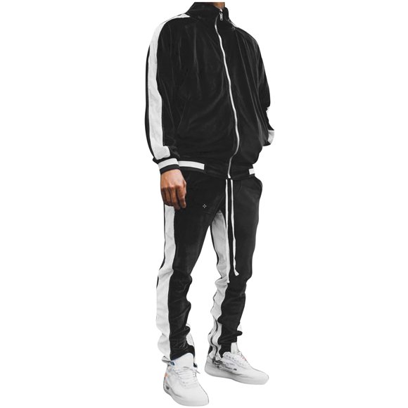 Atogsazn Men's 2 Pieces Full Zip Tracksuits Velvet Sport Suits Casual Outfits Long Sleeve Jacket & Pants Set Black S Fashion
