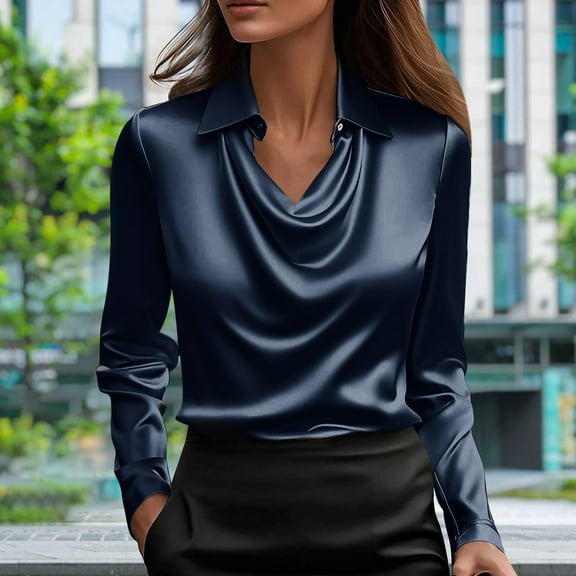 Guieoi Womens Tops Plus Size Women'S Winter Solid Color Long Sleeve V-Neck Satin Top Blue Black*Friday/Cyber*Monday
