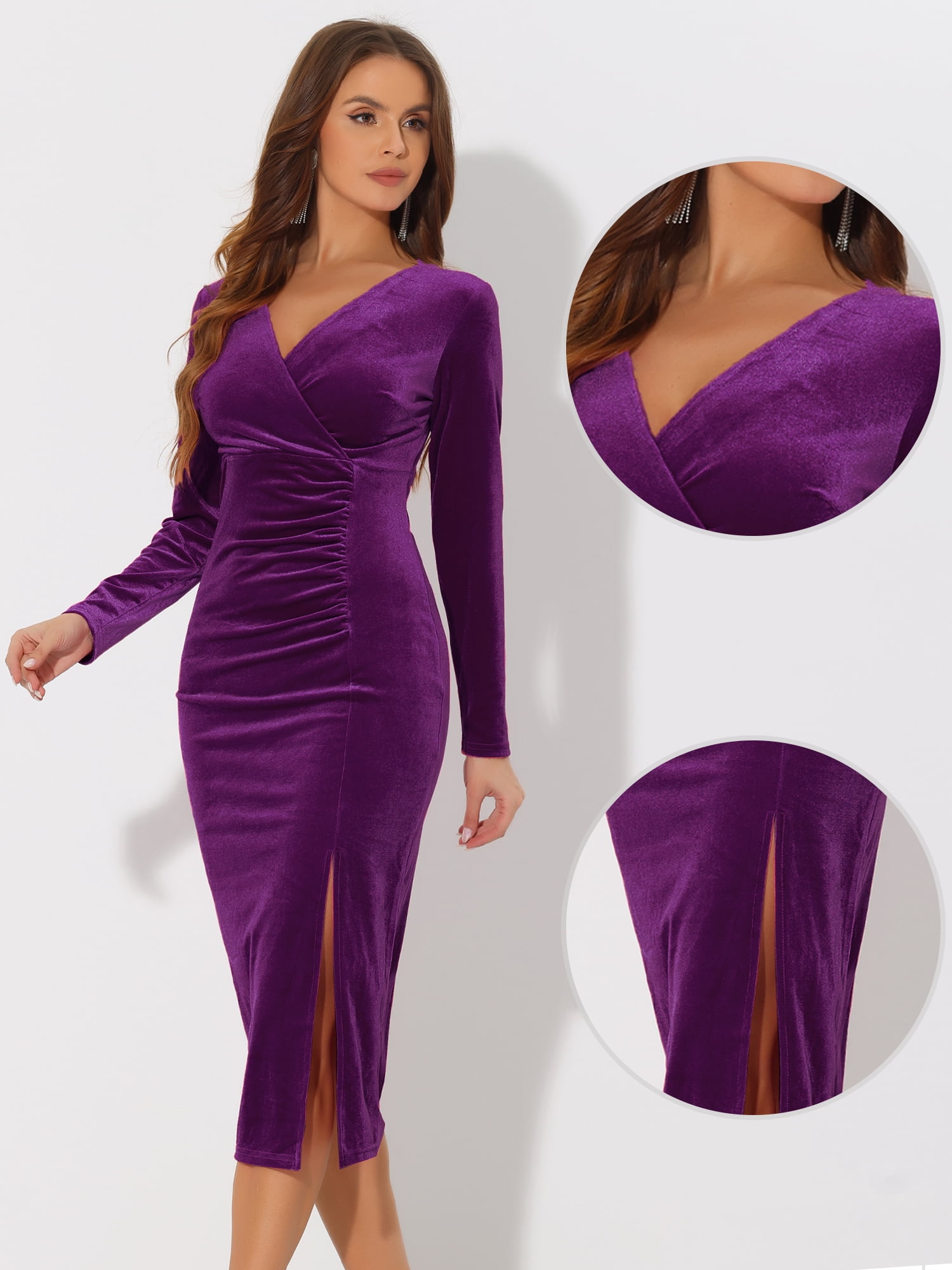 DARING DIVA Long Sleeves V Neck Wrap Ruched Split Cocktail Evening Dress
 S Dark Purple