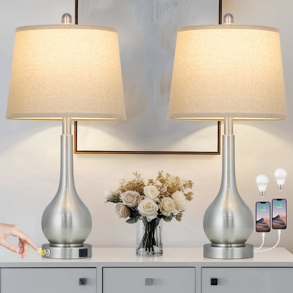 Cinkeda Table Lamps Set of 2 Modern Nightstand Bedside Touch Lamps for Bedroom Living Room with USB A C, Silver