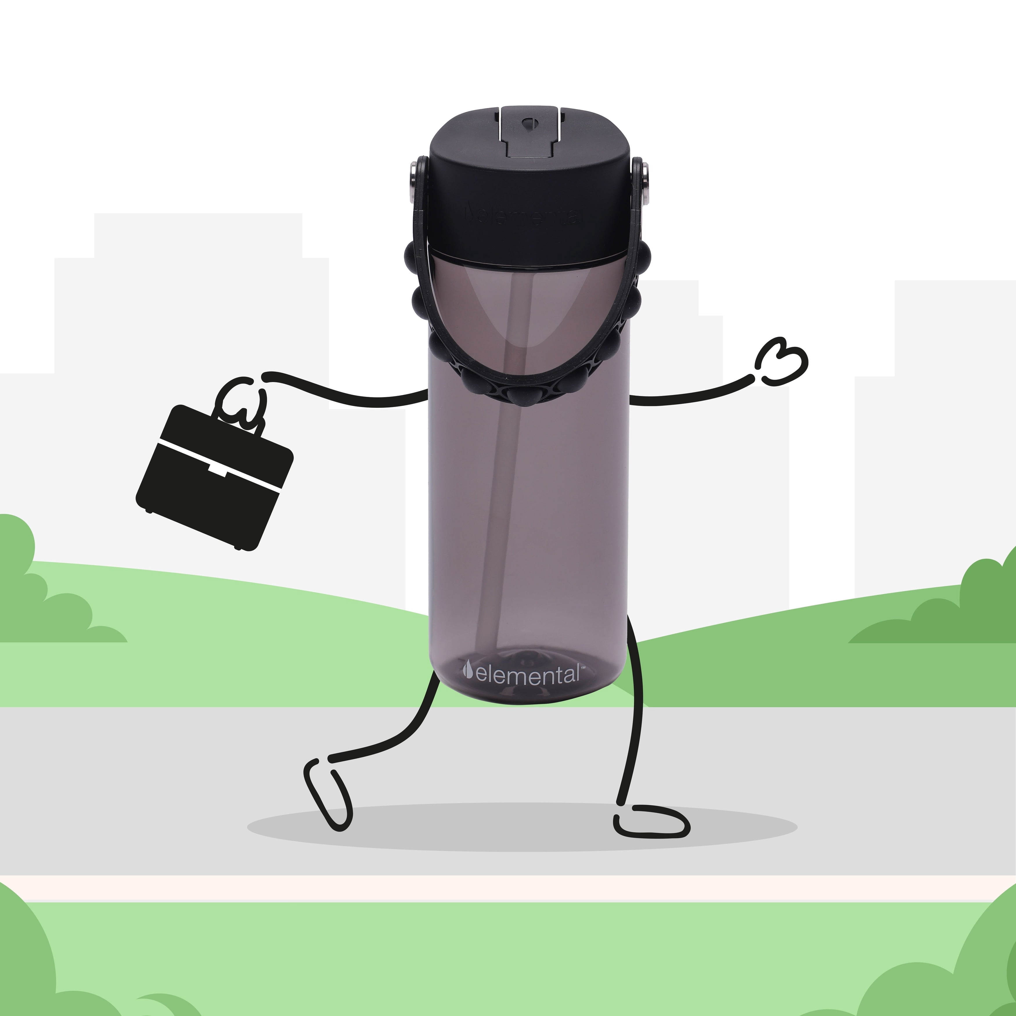 Elemental Splash Kids Water Bottle - Plastic Water Bottle - BPA Free - Leak Proof - Straw Lid - Pop-it Handle - Durable - For Girls, Boys & School Reusable Water Bottle - 18oz - Black