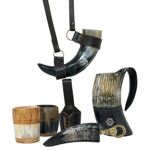 Viking Bhartiya Handicrafts Ox Horn Mug, Bottle Opener, Shot Glass, Belt Holster Neck Strap 16 oz Genuine Handcrafted Drinking Horn Cup for Mead, Wine, Ale, Water and Beer Tankard (6 Pcs New Kit)