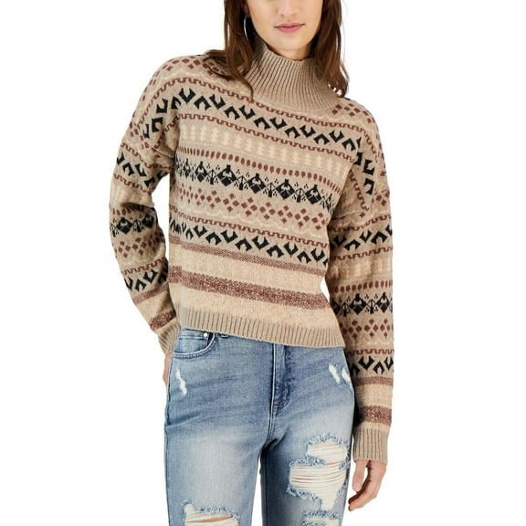 Sugar Moon Women's Juniors' Cozy Fair Isle Turtleneck Sweater Brown L B4HP