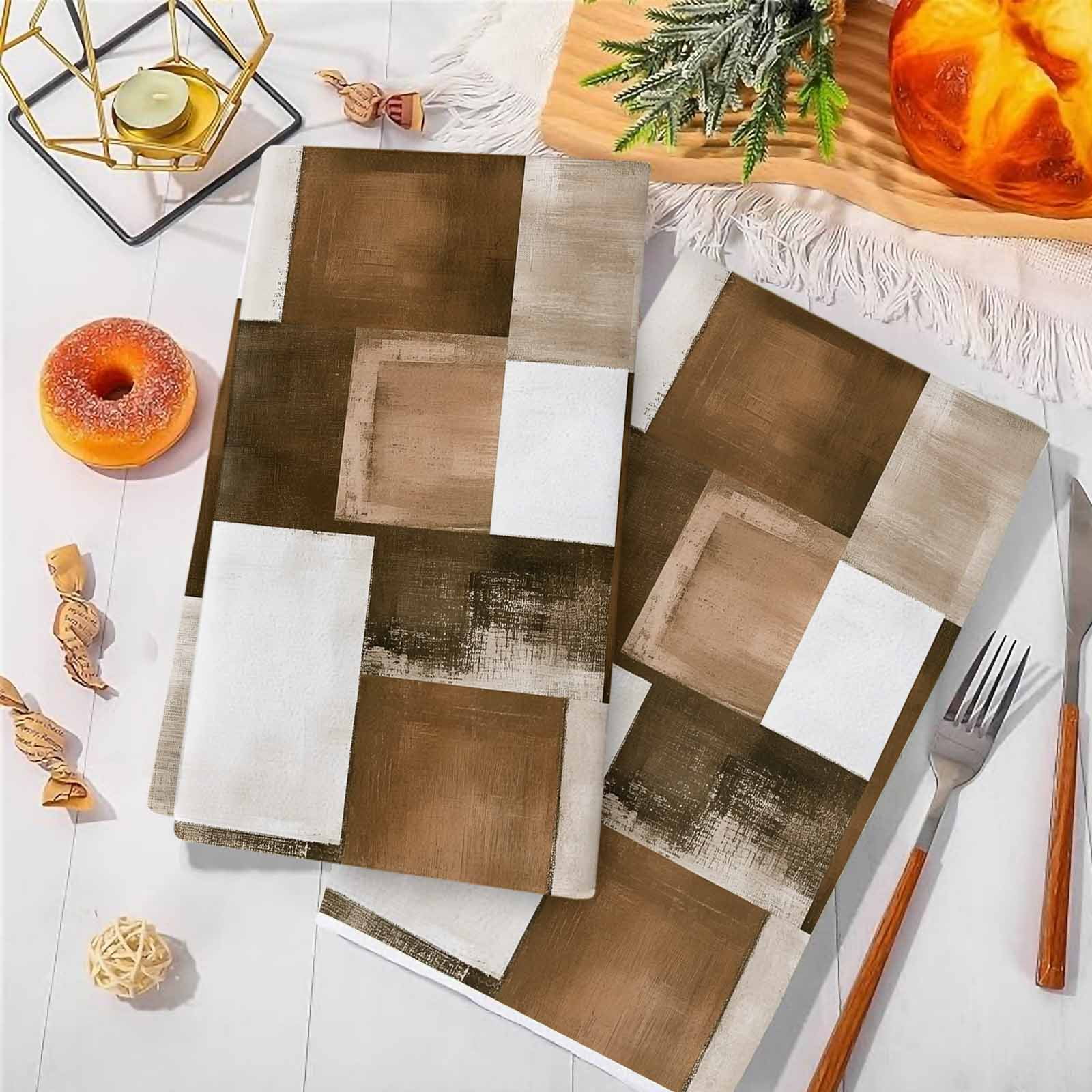 Dish Towels, Brown Plaid Absorbent Kitchen Towels 2 PCS, Abstract Art Color Block Microfiber Hand Towels Dish Cloths Tea Towels for Home&nbsp;Bathroom Cleaning Drying,18X28-Inch,