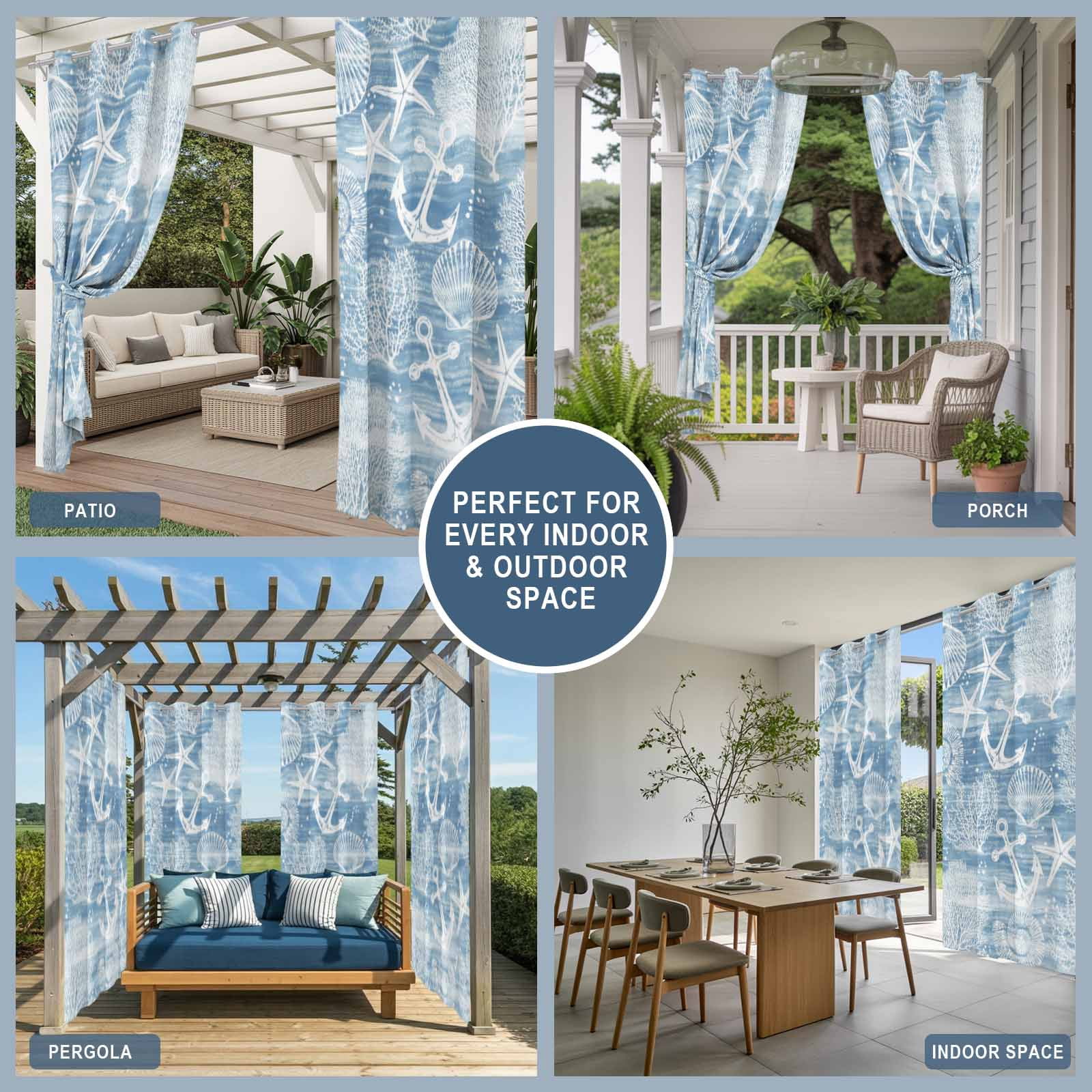 Summer Blue Ocean Outdoor Curtains for Patio, Vintage Nautical Sea Anchor Coral Shell Starfish Sunshade Privacy Drapes Grommet Waterproof Outside Curtains for Porch/Cabana/Balcony 54"x 108", 1 Panel