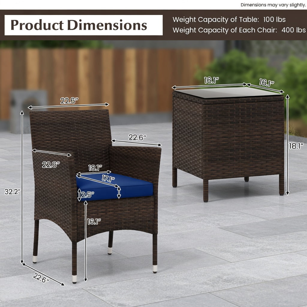 Hommoo 3-Piece Outdoor Patio Conversation Set, Cushioned Wicker Chairs + Square Tempered Glass Coffee Table, PE Rattan & Steel Frame, Navy