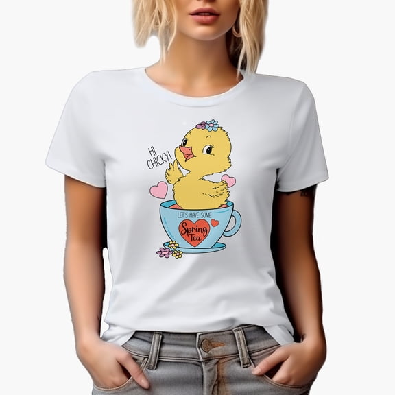 Distressed Hi Chicky, Let's Have Some Spring Tea - Chick in a Cup Art Merch Gift, White T-Shirt, Small