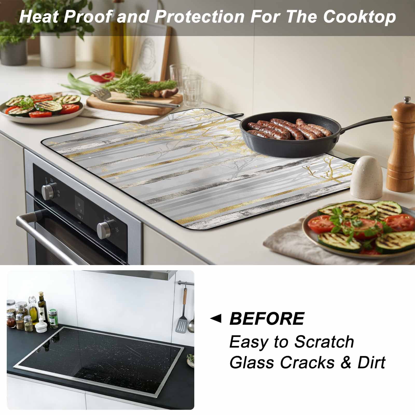 Golden Grey Tree Stove Top Cover for Electric Stove, Heat-proof & Non Slip Glass Top Stove Cover Protector, Oil Painting Forest Abstract Art Kitchen Flat Cooktop Rubber Mat 24x21 Inches