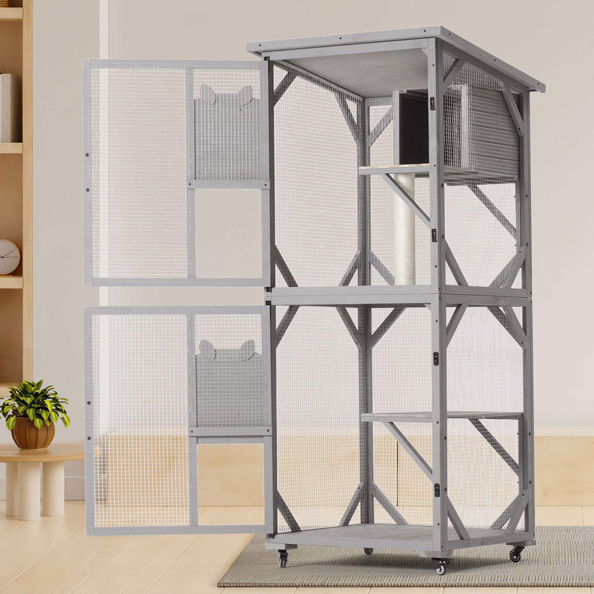 Aukfa 30.7" Wooden Catio Outdoor Pet Large Cat House with Waterproof Top & Wheels for Mulitiple Cats Walk in Cat Cage,Gray