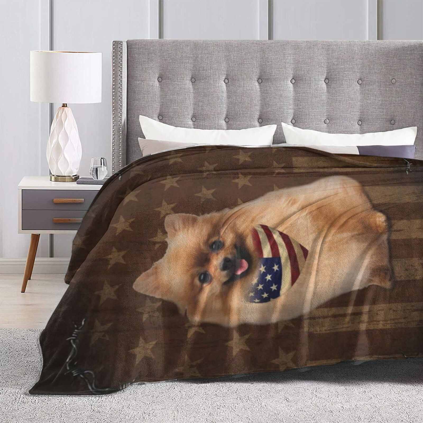 Wijzvio Springer Spaniel Dog With Vintage American Flag Throw Blanket Soft Fuzzy Fleece Blanket For Couch Bed Living Room Decoration 60"X50"