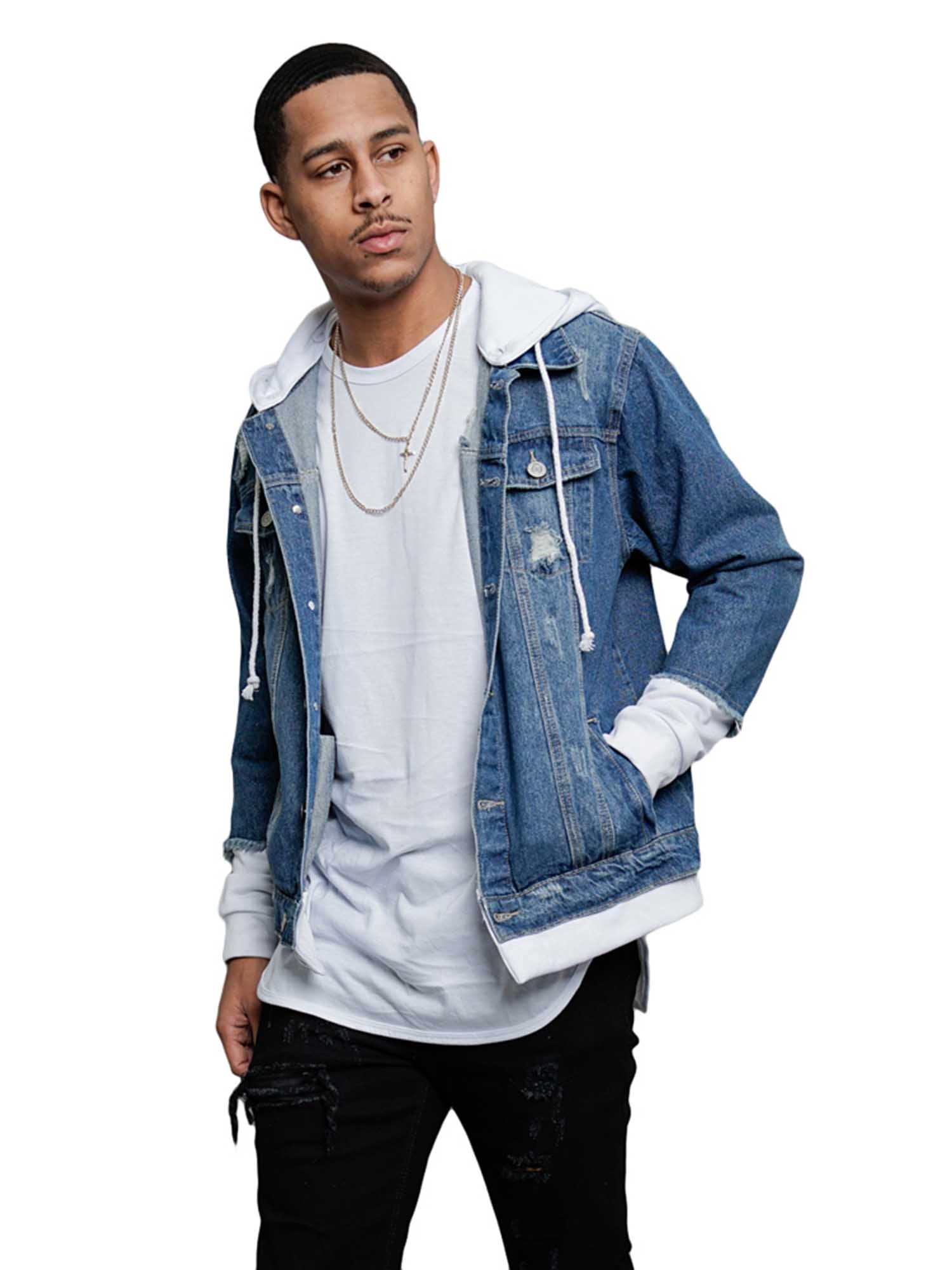Victorious Men's Hoodie Layered Ripped Denim Jacket with Removable