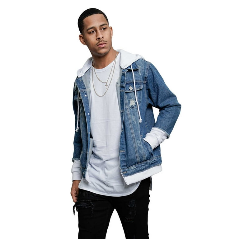 Victorious Men s Hoodie Layered Ripped Denim Jacket with Removable Hood DK140 Indigo White Large Walmart