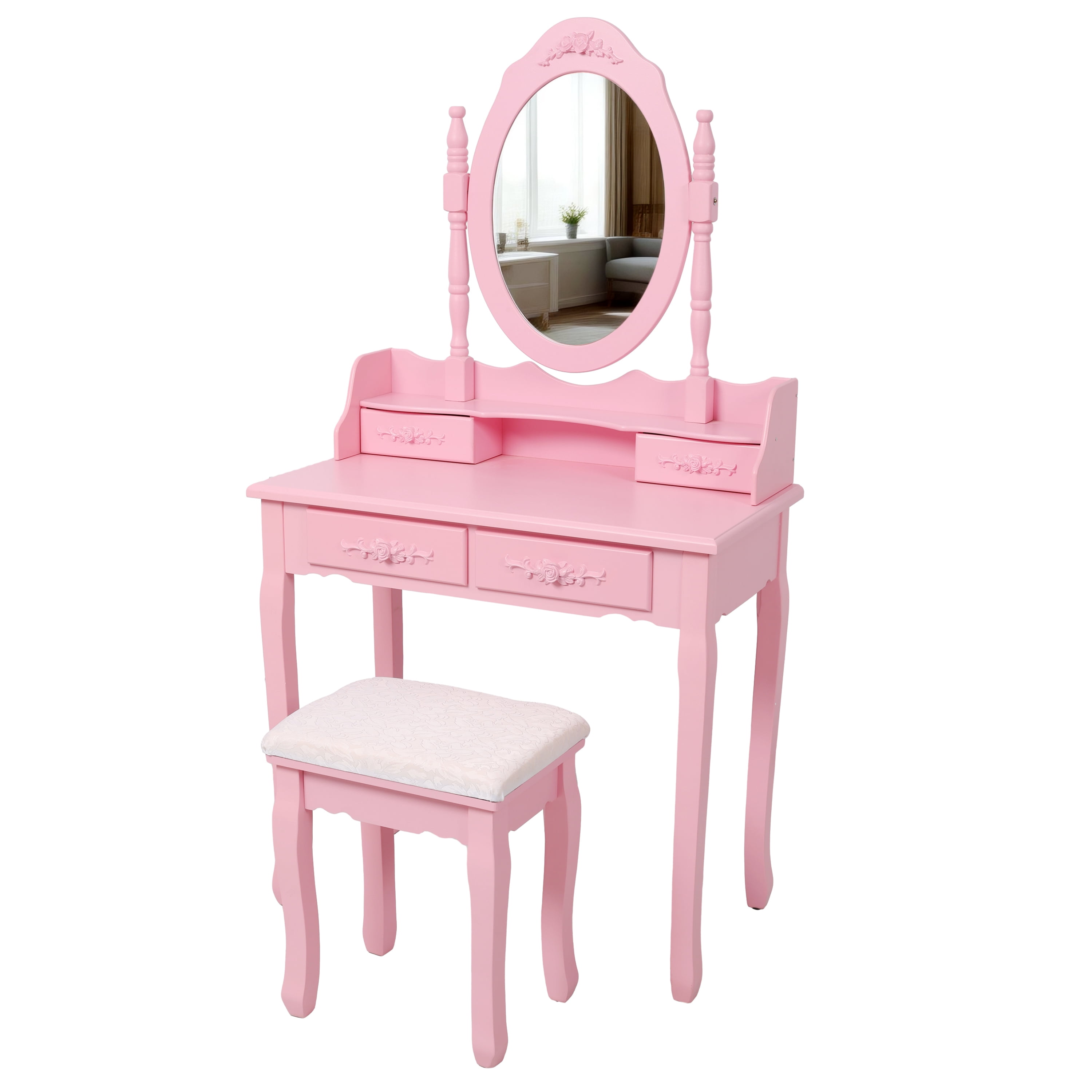Makeup Vanity, Vanity Desk for Girls, Princess Vanity Pink with 360 Degree Rotating Mirror 4 Drawers Large Tabletop Includes Cushioned Multi Purpose Stool, Pink