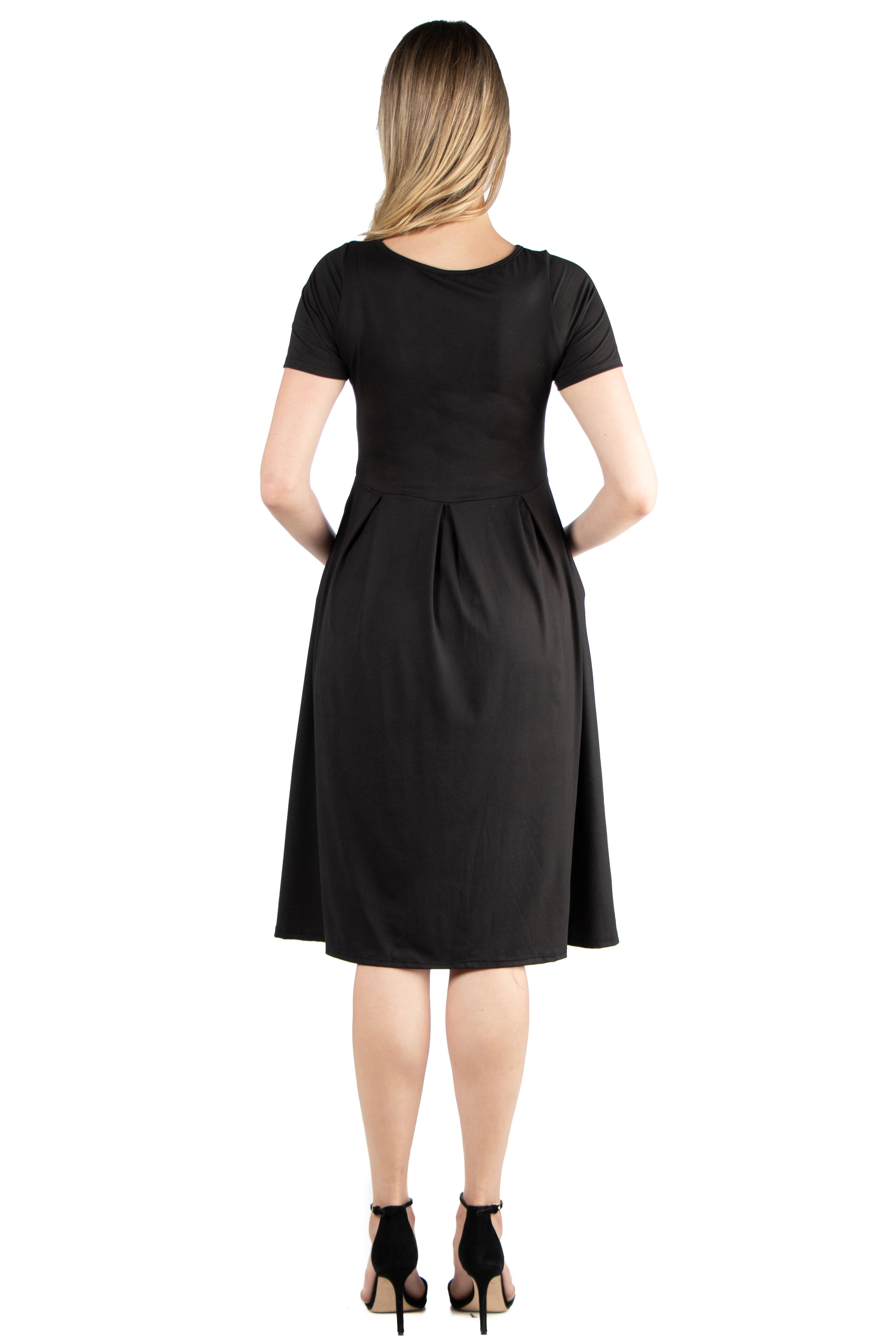 24seven Comfort Apparel Short Sleeve Maternity Midi Skater Dress With Pockets