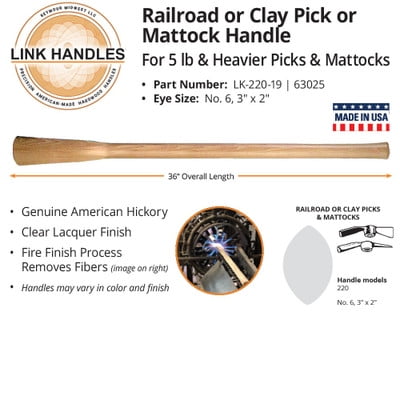 

Link Handles 63025 36 Wood Pick/Mattock Handle Better-Quality American Hickory Clear Lacquer Fire Finish Contractor Grade (min qty 12 each)