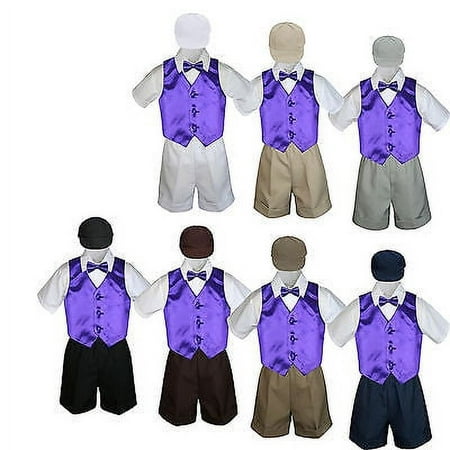 

5pc Boy Toddler Formal Purple Vest Bow Tie Black Navy Gray White Hat Shorts S-4T