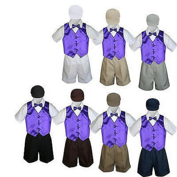 5pc Boy Toddler Formal Purple Vest Bow Tie Black Navy Gray White Hat Shorts S-4T