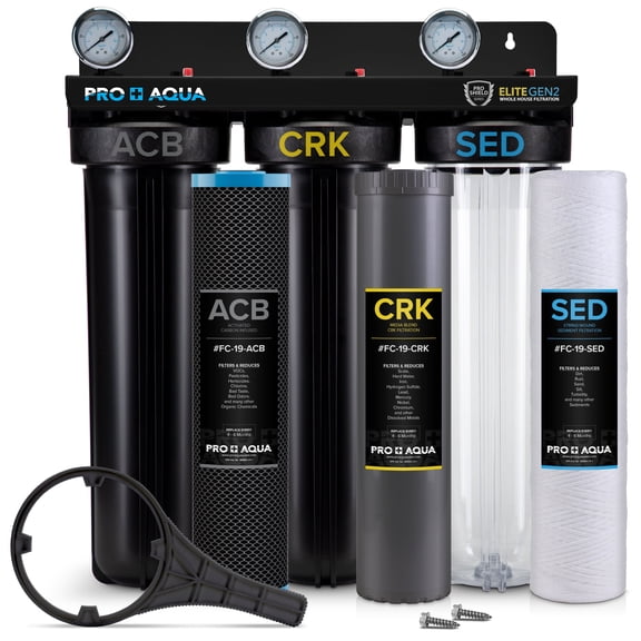 PRO+AQUA ELITE SERIES GEN2 PRO-100-E 3-Stage Whole House Water Filtration System for City and Well Water with Pressure Gauges, Removes 99% of Chlorine, VOCs, Odors & Contaminants, 1” Ports