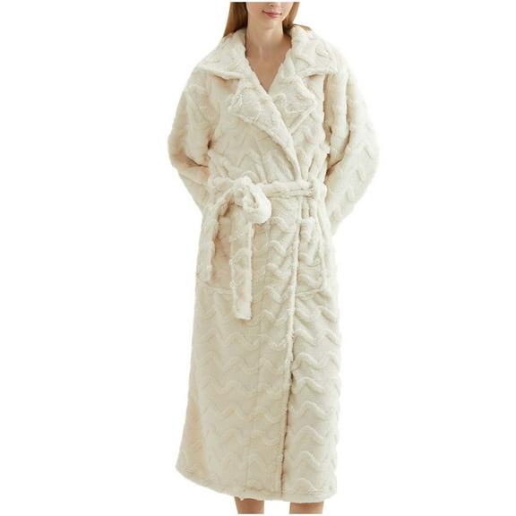 Nfurl Women's Flannel Long Length Bathrobes with Pockets Thicken Soft Fuzzy Long Sleeve Robes Comfy Spa Housecoats Warm Winter Robe Beige XXL