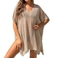 thumbnail image 3 of Tqyyweavej Womens Beach Cover Up Solid Color Short Sleeve Free Size Crochet Swimsuit Coverup Casual Loose V Neck Cover Ups for Swimwear Women, 3 of 10