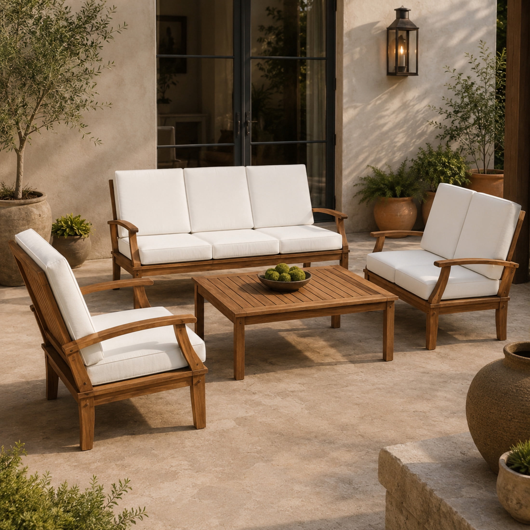 DecMode Brown Traditional Teak Wood Outdoor Seating Set with Cushions, Set of 5 77" 54"W