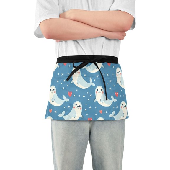 Server Apron with 3 Pockets Waterproof Waitress Waist Short Apron for Man Woman Seal Star Dot Heart 12 Inches