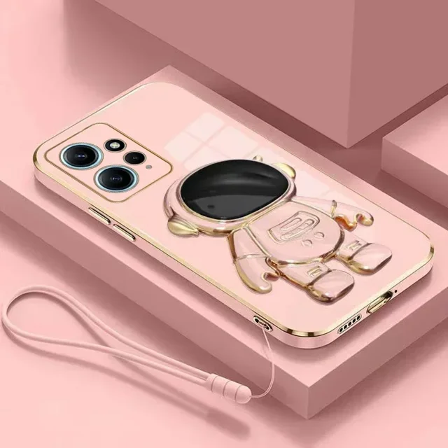 Astronaut Bracket Plating Case For Xiaomi Redmi Note 13 12 Pro 12C 12S 11 11S 10 10S 10A 10C 9S 9A 9C 9T A1Plus A2 Lanyard Cover Pink Redmi 12C