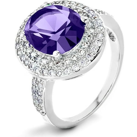 ELYA Sterling Silver Amethyst Purple Oval CZ Double Halo Ring