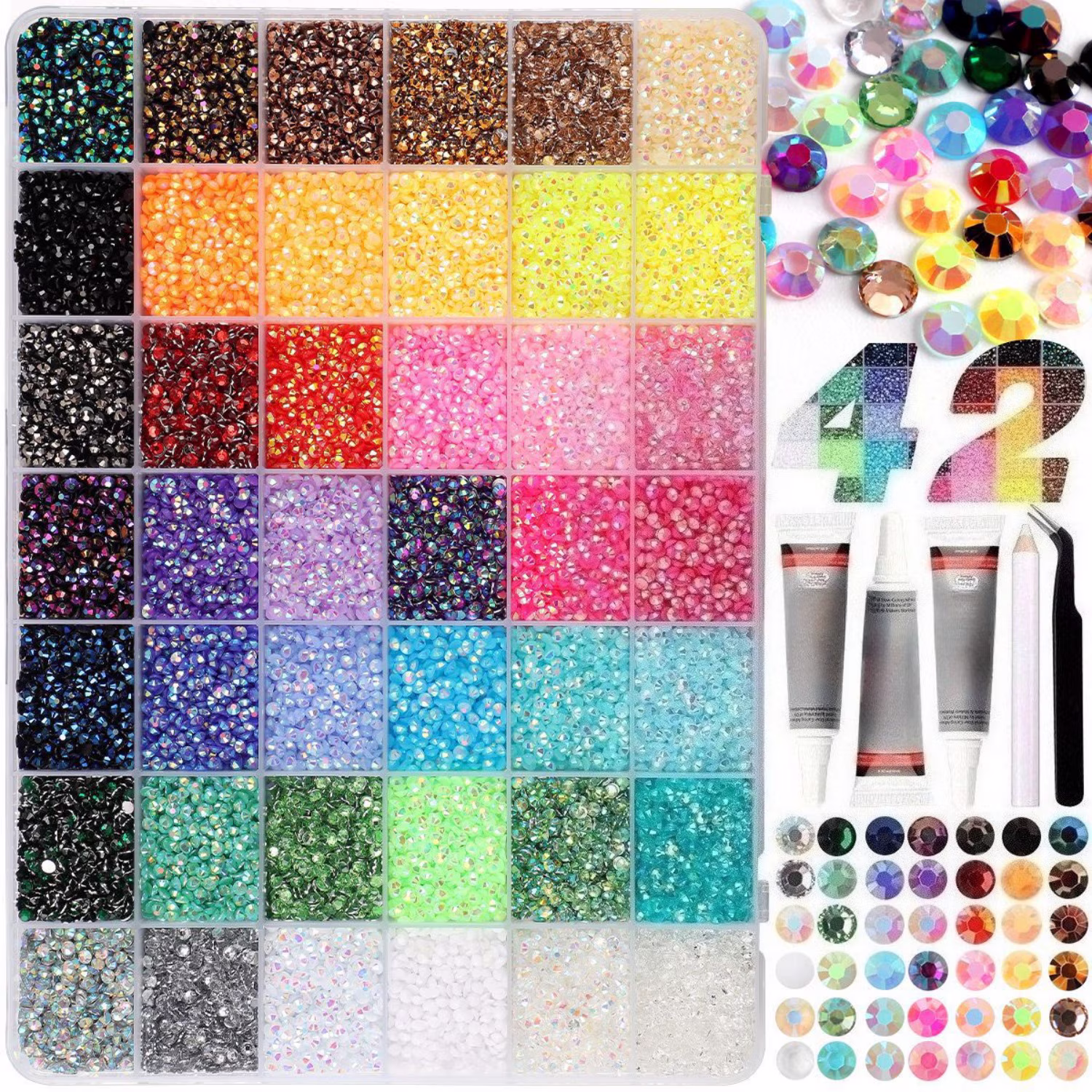 Resin Jelly Rhinestones Kit, variant on DIY Polymer Clay Beads Kit, 6mm 20 Colors Flat Round Spacer Beads with Pendant Charms Set and 4 Roll Elastic Strings for Diy Jewelry Making Bracelets Necklace