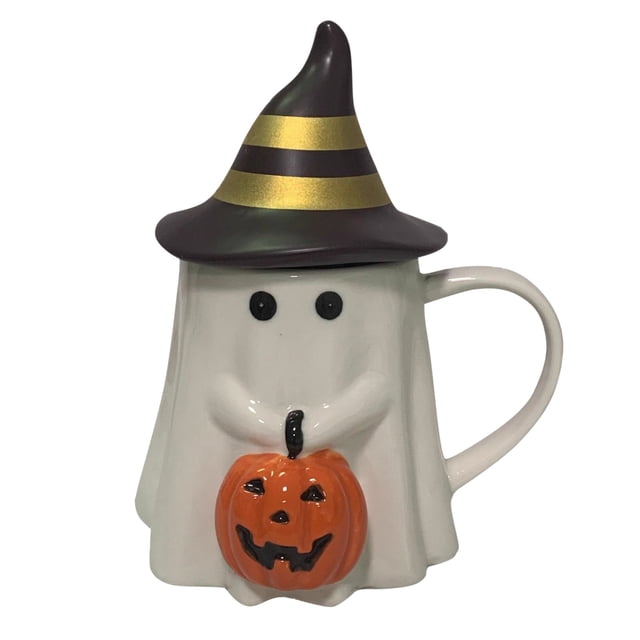 taza taza blanca de halloween taza de café de cerámica taza bonita de halloween decoración de tazas para hombres y mujeres adolescentes taza cerámica blanca con diseño de fantasma, vista frontal centrada; asa a la derecha, sombrero de bruja tridimensional con bandas doradas, ojos negros redondos y calabaza naranja en relieve en la parte frontal; capacidad 440 ml según especificaciones y acabado cerámico brillante; fondo neutro, adecuada también como adorno de mesa o para exhibir en temporada de Halloween.