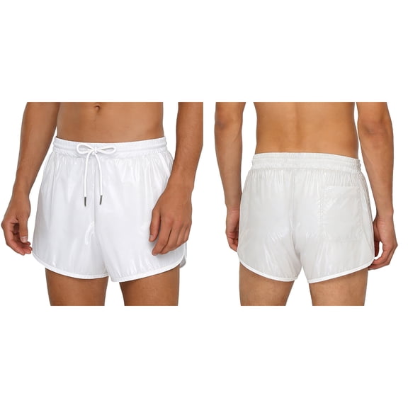 renvena Mens Shiny Waterproof Boxer Shorts Swimwear Elastic Waistband Side Pockets Swim Trunks White XL