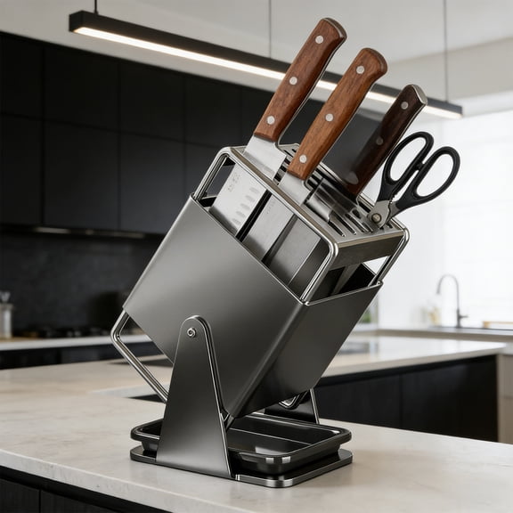 Rotatable Stainless Steel Knife Storage Rack, Space-Saving Countertop Organizer with Sturdy & Rust-Resistant Design, Holds Multiple Knives for Home Kitchen (Black/White/Brown, 9.84 x 6.29 x 5.11 in)