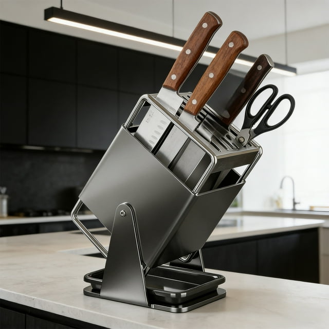 Stainless Steel Rack Rotating Kitchen Knife Holder Black 360 Degree Rotating Knife Storage Rack for Countertop(1Pcs) JASKFLY