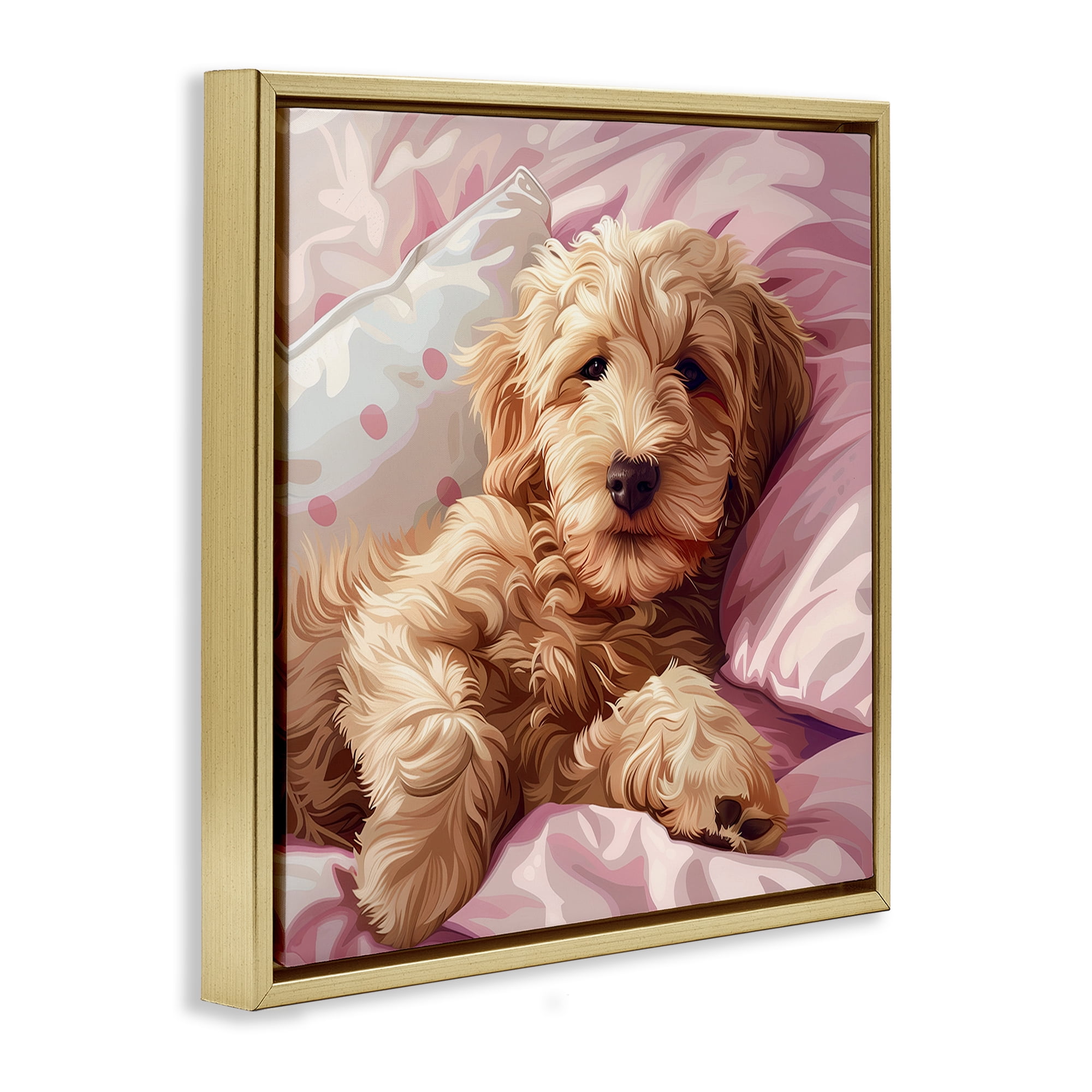Stupell Industries Sleepy Labradoodle in Bed Animals Painting Gold Floater Framed Canvas Art Print Wall Art, 25 x 25