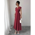 thumbnail image 6 of Burgundy Womens V-Neck Ruched Waist Pleated Maxi Dress With Drop Shoulder Sleeve, 6 of 6