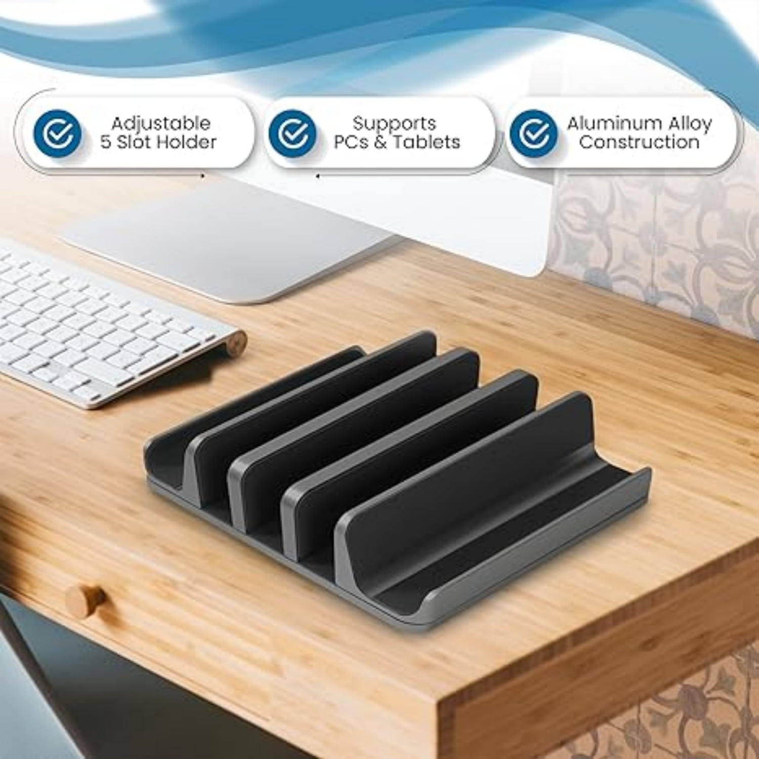 Multiple Laptop Holder Vertical – Laptop Vertical Stand Holds 5 Devices, Fits All Laptops Tablets and Mobiles (up to 17.3”). Closed Upright Vertical Laptop Stand for Desk