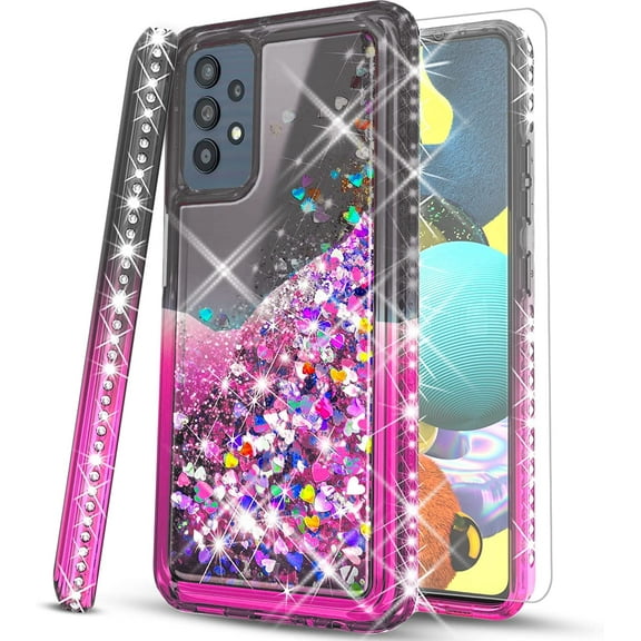 Starshop Case for Google Pixel 7, Glass Screen Protector, Liquid Glitter Quicksand Bling Diamond Black/Pink