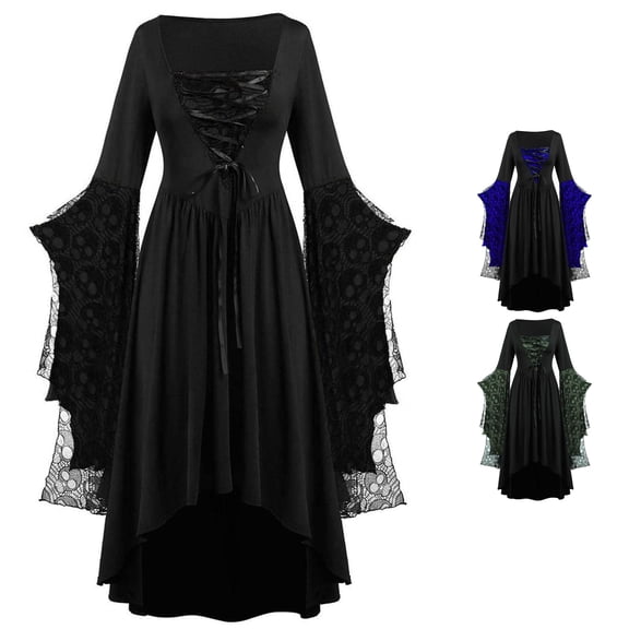 XAOFW Halloween For Women Skeleton Print Long Sleeve Gothic Dresses Retro Renaissance Lace Dress Maxi Dress For Dress Up Party,Size L