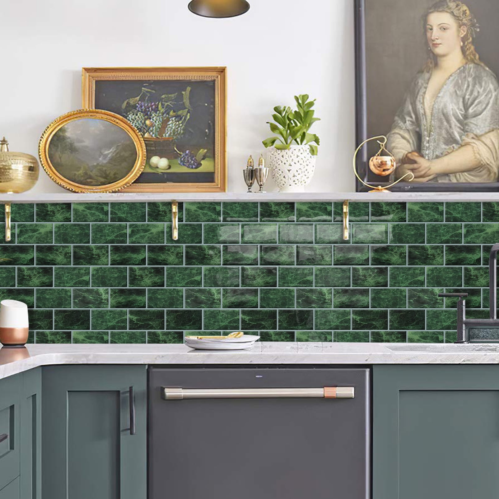 DEWOO Peel and Stick Backsplash - 10 Sheets of 12"×12" - 3D Adhesive Peel and Stick Tile Backsplash for Kitchen, Bathroom, Wall Tile, Green